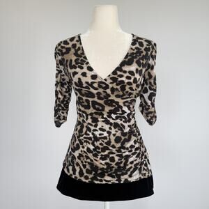 Style & Co Blouse Womens PM Brown Leopard Surplice V Neck Stretch Jersey Top
